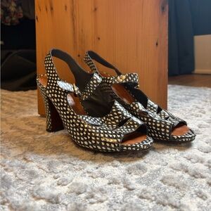 Chie Mihara Black and White Patterned Peep-Toe Slingback Heels